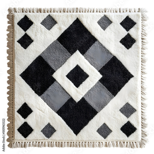 Stylish black and white geometric patterned rug with fringe details, perfect for modern home decor.