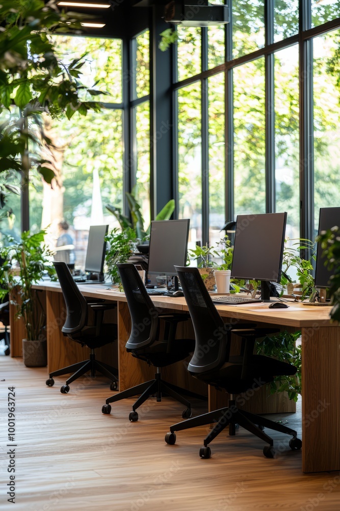 Fototapeta premium A spacious office with a mix of individual workstations and collaborative zones, employees engaging in discussions, Generative AI