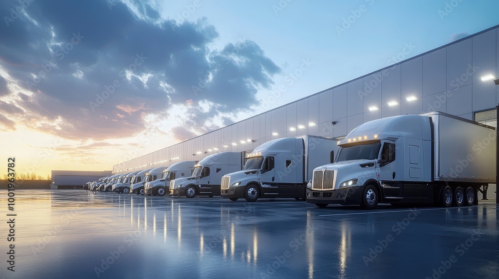 A fleet of trucks standing in a row at a loading dock, ready for their next freight deliveries. A fleet of trucks standing in a row at a loading dock, ready for their next freight deliveries.