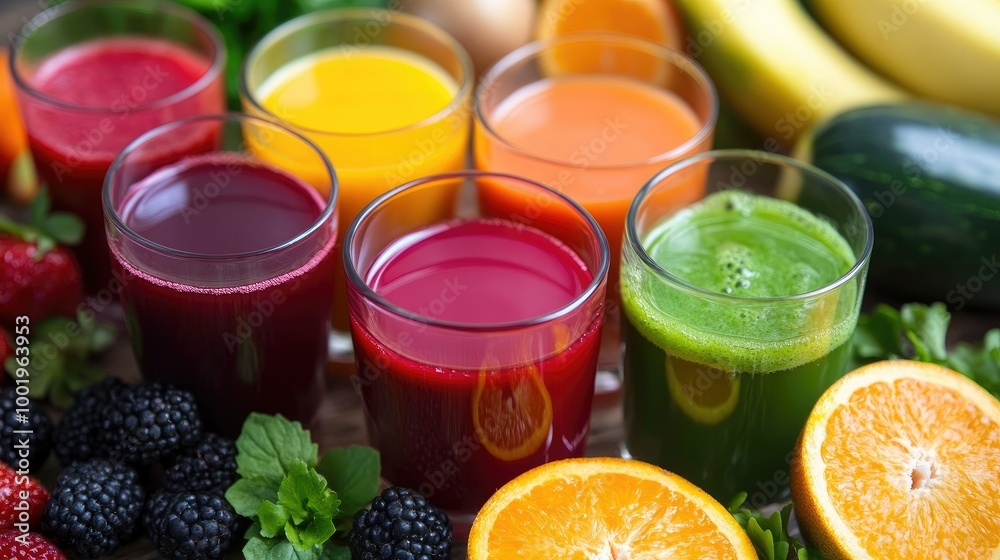 A healthy spread of colorful fruit and vegetable juices, symbolizing freshness and nutrition. A healthy spread of colorful fruit and vegetable juices, symbolizing freshness and nutrition.