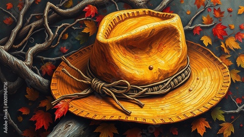 A rustic, earth-toned hat with a flat crown and indented brim, adorned with intricate ribbon and feather details, nestled amidst autumnal foliage and twisted tree branches. photo