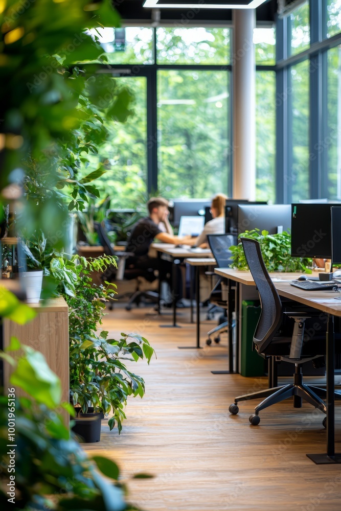 An open office space with clusters of desks, green plants adding a touch of nature, and employees focused on their tasks, Generative AI An open office space with clusters of desks, green plants adding a touch of nature, and employees focused on their tasks, Generative AI