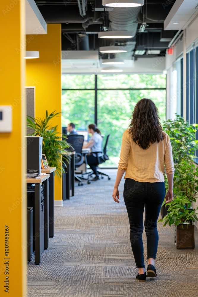 An open office with a vibrant color scheme, employees moving freely between different workstations and collaboration zones, Generative AI An open office with a vibrant color scheme, employees moving freely between different workstations and collaboration zones, Generative AI