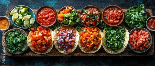 A Vibrant and Colorful Taco Spread with Assorted Toppings and Fresh Ingredients for Tasty Meals