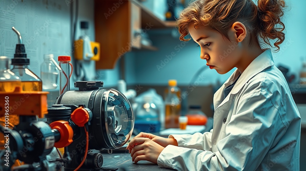 A youthful girl in a crisp white lab coat, her curly hair tied back in a ponytail, peers intensely at a futuristic device on a workbench amidst various scientific gadgets and beakers. A youthful girl in a crisp white lab coat, her curly hair tied back in a ponytail, peers intensely at a futuristic device on a workbench amidst various scientific gadgets and beakers.