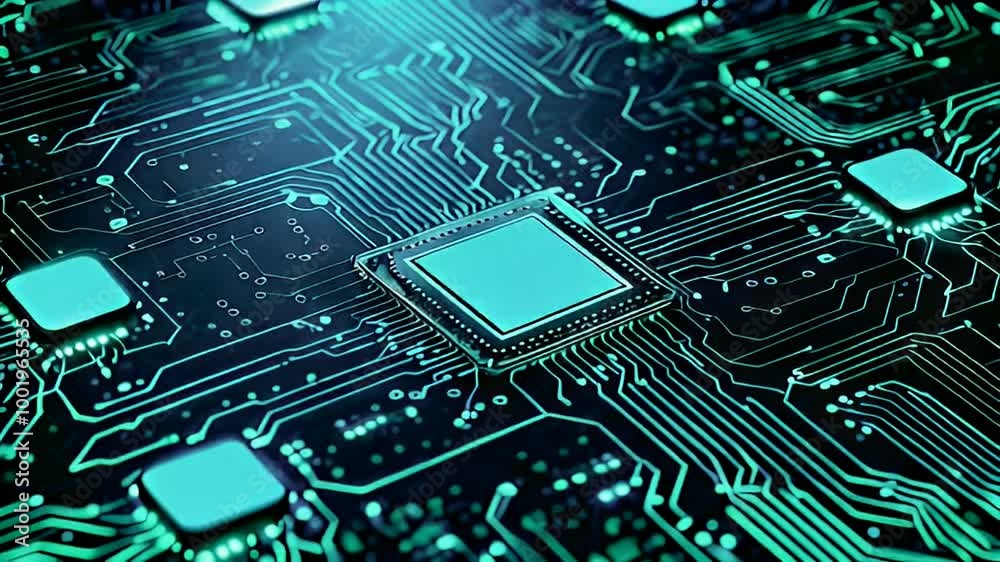 A Close-up of a Blue LED Illuminated Microchip on a Circuit Board A Close-up of a Blue LED Illuminated Microchip on a Circuit Board