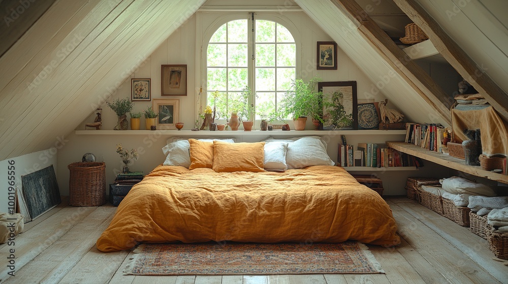 Fototapeta premium Bright and Cozy Parisian Attic Room with Sloped Ceiling and Charming Decor for Relaxation and Inspiration