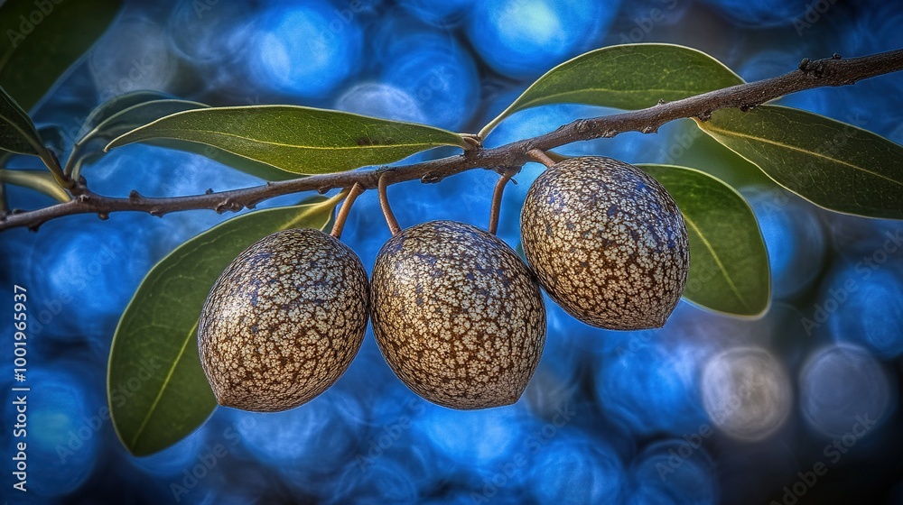 Obraz premium Close-up of Colorful Gumnuts Hanging on Branches in a Lush Green Environment, Nature's Beauty