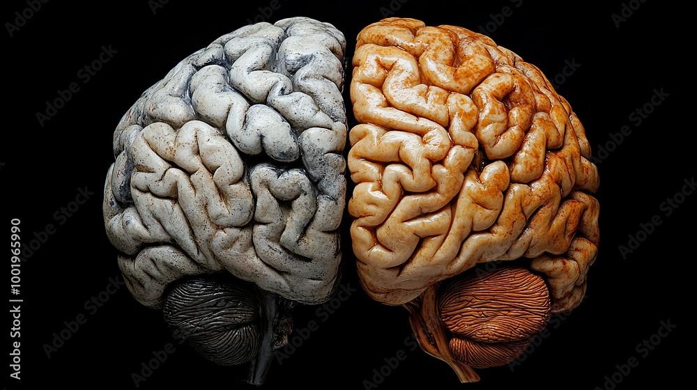 Two Human Brains Side-by-Side, One Gray and One Brown Two Human Brains Side-by-Side, One Gray and One Brown