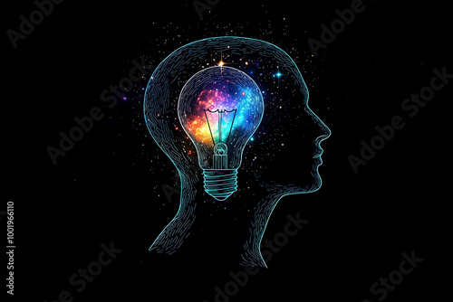 A human silhouette with a vibrant galaxy inside the head, representing limitless creative thinking.