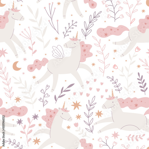 Cute unicorns, flowers and stars.Colorful seamless pattern in cartoon flat style