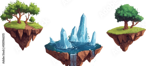 A set of floating islands with trees, waterfalls, and crystals