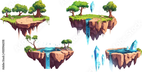 A set of floating islands with trees, waterfalls, and crystals