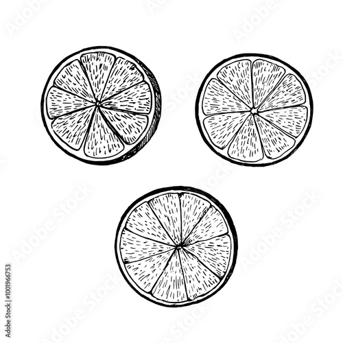Slices of orange black and white hand-drawn illustration. Black and white outline drawing.