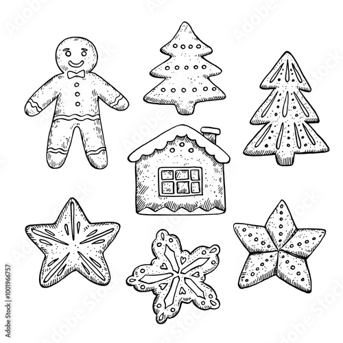 Gingerbread cookies in man shape and shape of stars, snowflake, Christmas tree and house. Black and white outline illustrations for design and coloring books.