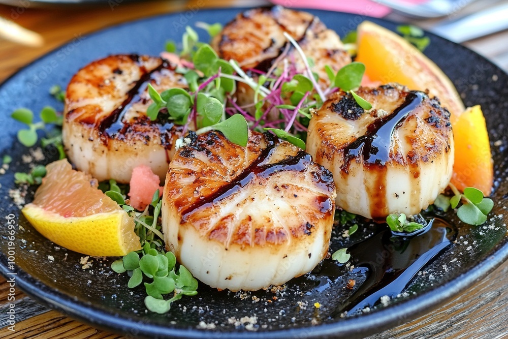 Elegant Gourmet Scallop Appetizer Plated with Microgreens and Sauce for Fine Dining Experience Elegant Gourmet Scallop Appetizer Plated with Microgreens and Sauce for Fine Dining Experience