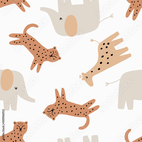 Safari animals cute illustration in doodle style. Outline hand drawn print. African leopard, giraffe, elephant. Wild animals seamless pattern