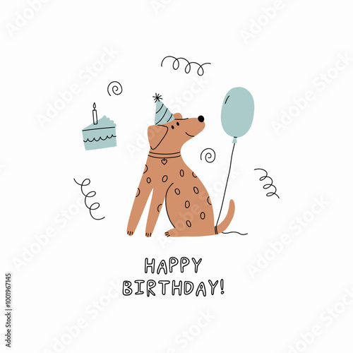 Cute Dogs illustration in doodle style. Outline hand drawn print. Pet, animals Birthday party. Card in flat style