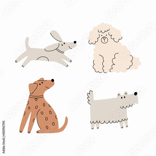 Cute Dogs illustration in doodle style. Outline hand drawn print. Pet, animals 