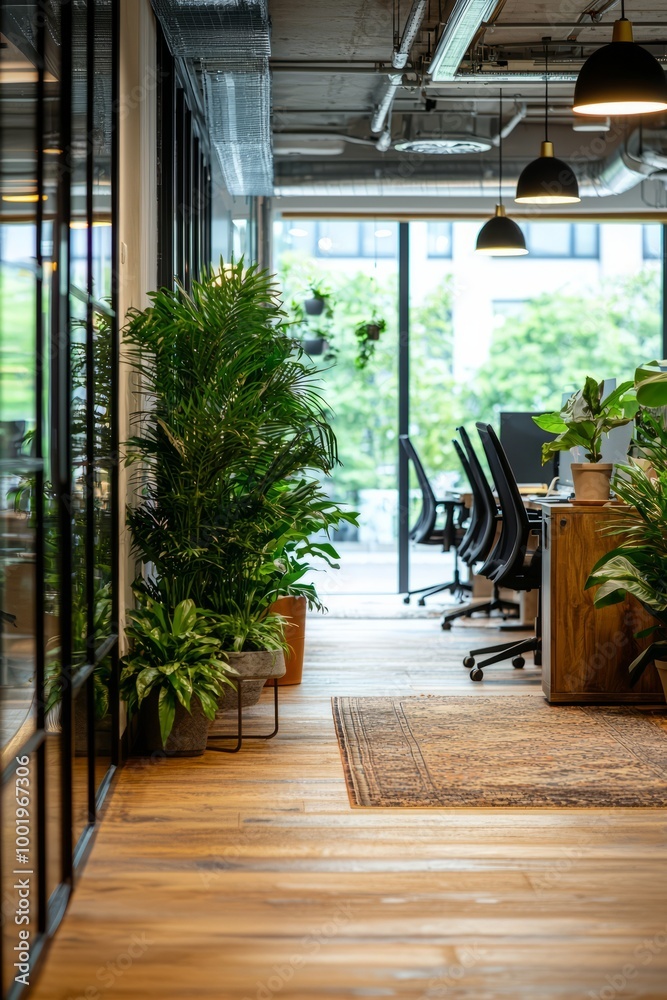 An open-plan office with glass partitions, allowing for natural light and visibility, while maintaining a sense of space, Generative AI