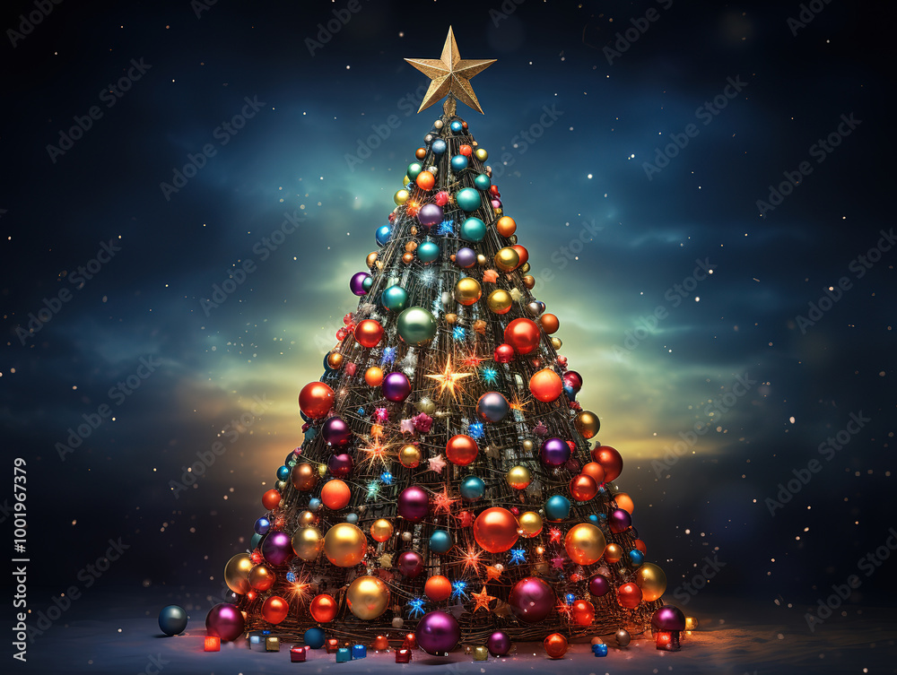 Composite image of christmas tree with baubles and star Composite image of christmas tree with baubles and star