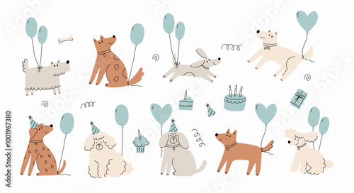 Cute Dogs illustration in doodle style. Outline hand drawn print. Pet, animals Birthday party. Card in flat style