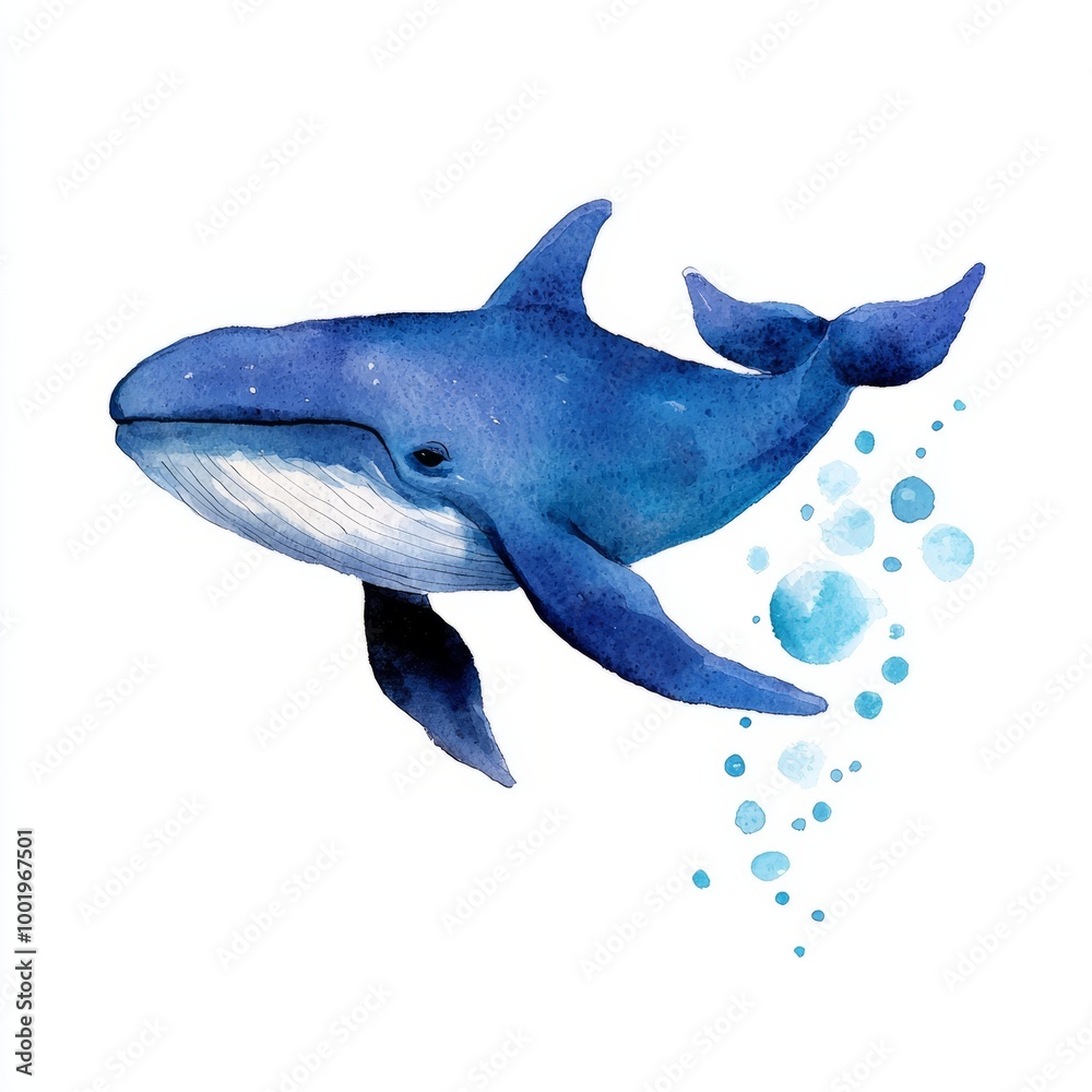 Fototapeta premium Watercolor painting of a whale blowing bubbles underwater, on isolated white background