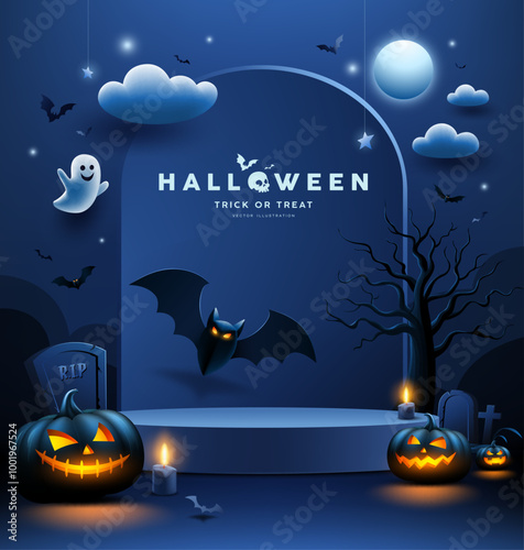 Halloween podium dark blue color, bat flying, Scary pumpkin, ghost, candle, poster flyer design on cloud and moon dark blue background, Eps 10 vector illustration