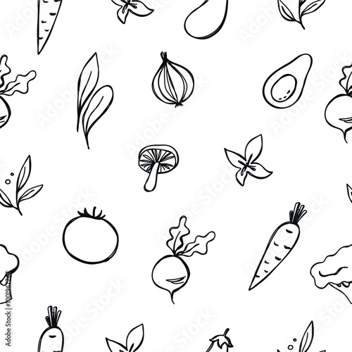 Simple vegetables in doodle style. Hand drawn natural food. Vector seamless pattern