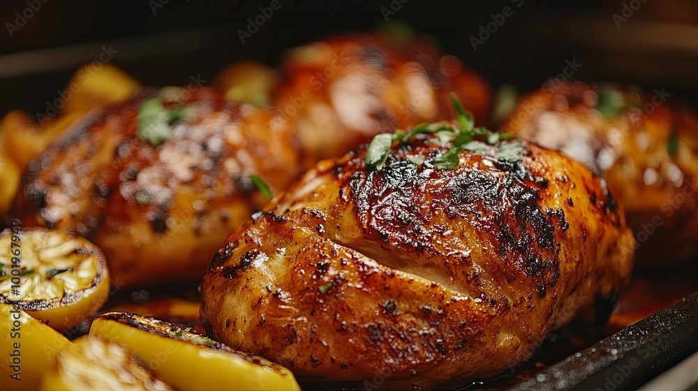 Close-up of Roasted Chicken with Lemon Slices Close-up of Roasted Chicken with Lemon Slices