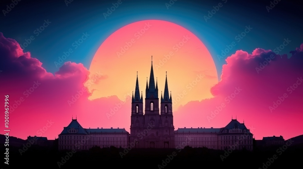 Naklejka premium Dramatic Sunset Silhouette of Church and Buildings in Pink Sky