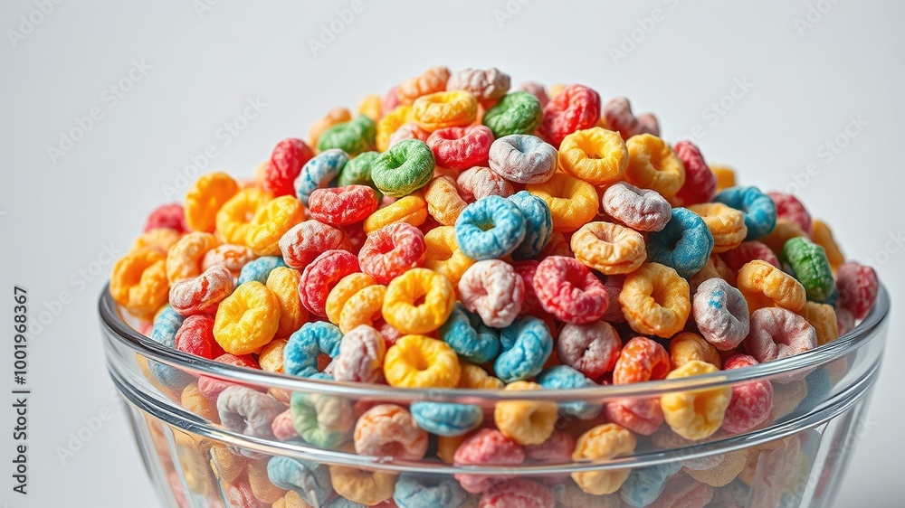 Vibrant, swirly cereal pieces in a rainbow of bright colors, ranging from sunny yellow to deep purple, piled high in a glass bowl amidst a soft, white background. Vibrant, swirly cereal pieces in a rainbow of bright colors, ranging from sunny yellow to deep purple, piled high in a glass bowl amidst a soft, white background.