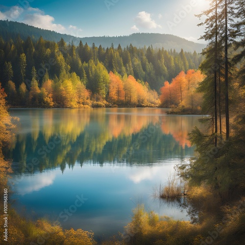 Charming Love Lake in the middle of a forest with natural lighting and bright colors in calm atmosphere 