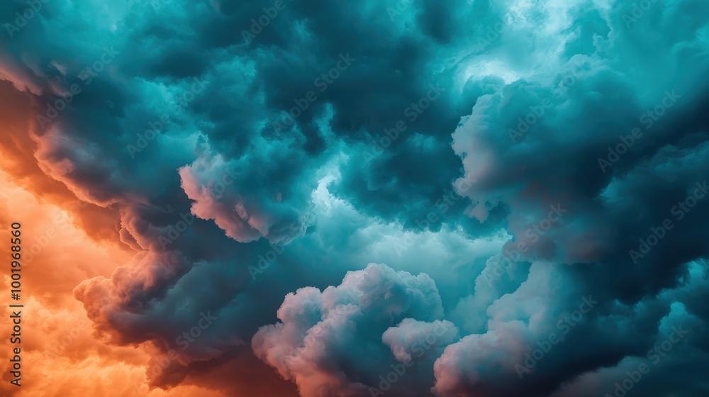 Naklejka premium Dramatic Teal and Orange Storm Cloudscape Sunset Sky Background