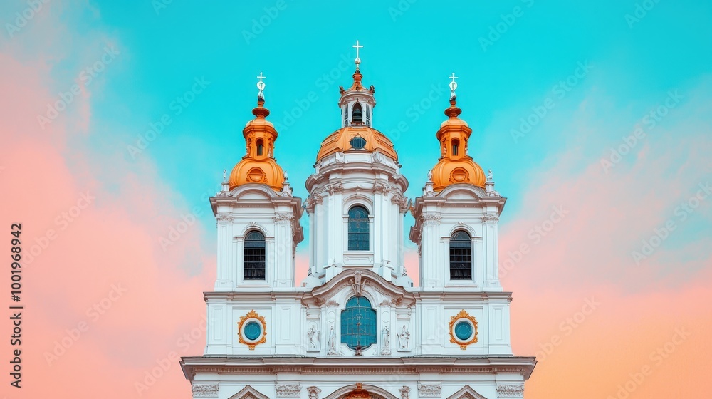 Obraz premium Czech Church Architecture with Golden Domes and Blue Sky