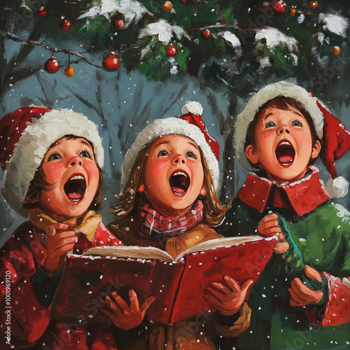 Christmas Carolers: Children singing carols under snowy tree 