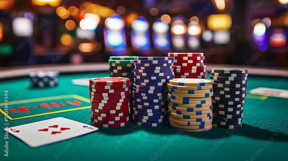 Stacks of Casino Chips and an Ace of Hearts on a Green Felt Table Stacks of Casino Chips and an Ace of Hearts on a Green Felt Table