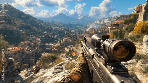 A Sniper Aims Down a Scope Overlooking a War-Torn City