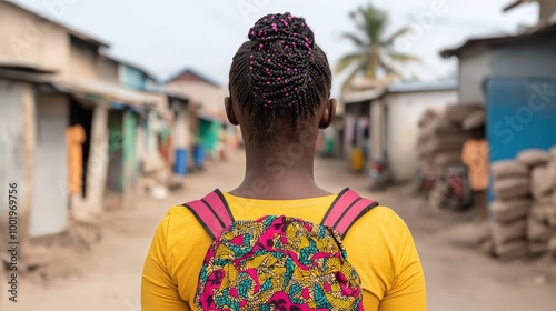 African Girl Walking Through Village Street With Backpack