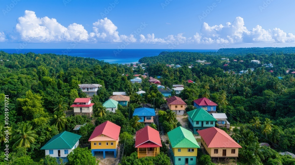 Colorful Houses on Tropical Island with Ocean View Aerial Photography Colorful Houses on Tropical Island with Ocean View Aerial Photography