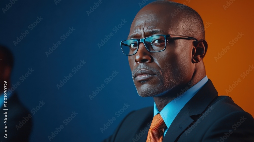 Fototapeta premium Confident Businessman Portrait Black Man in Suit Glasses Serious Expression Blue and