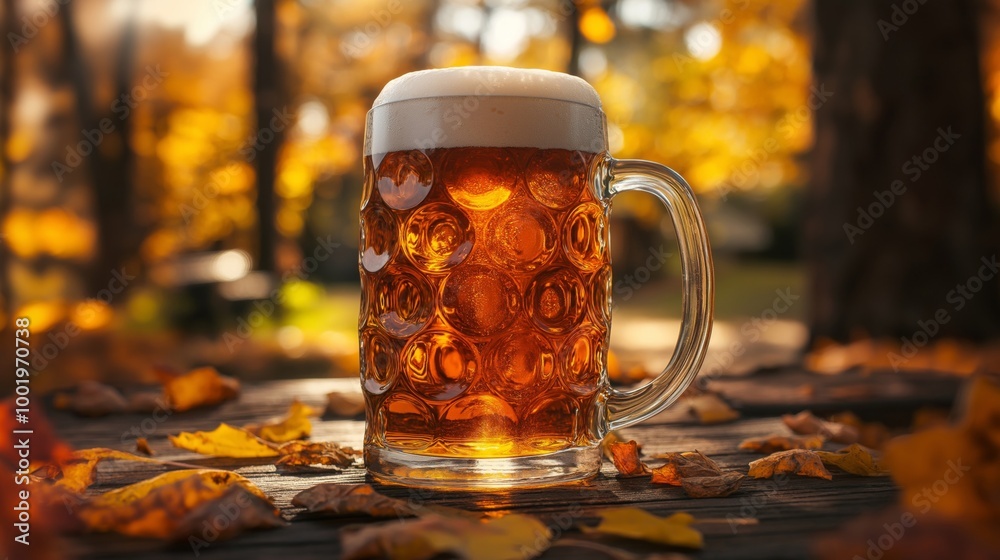 A close-up of a large frothy beer stein filled with amber beer, set on a wooden table with autumn leaves scattered around, backlit by warm golden light from a fall forest A close-up of a large frothy beer stein filled with amber beer, set on a wooden table with autumn leaves scattered around, backlit by warm golden light from a fall forest