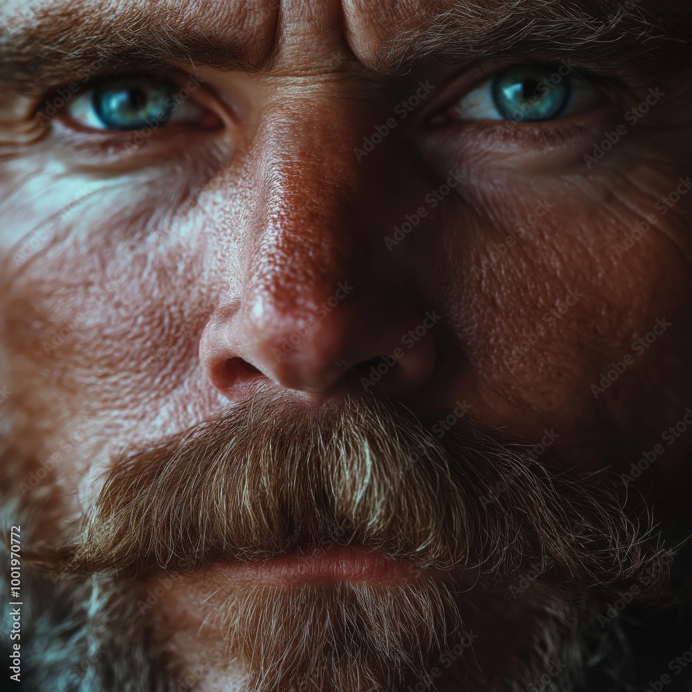 Obraz premium Close-up portrait of a rugged man with bright blue eyes and a thick mustache, showcasing the texture of his weathered skin and the intensity of his expression