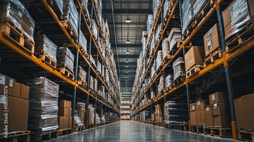 Rows of Cardboard Boxes Stacked on Shelves in a Warehouse