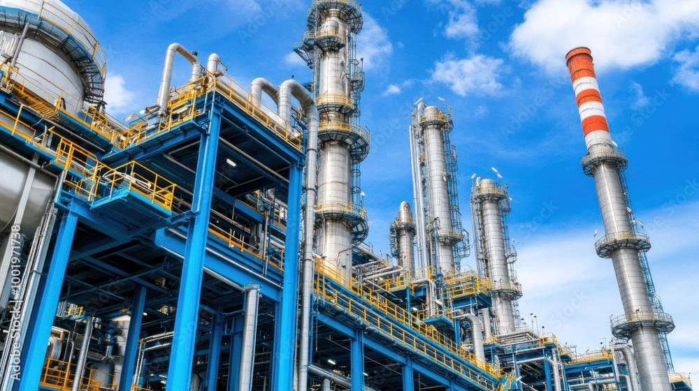 A large industrial facility with towering structures and pipes against a blue sky. A large industrial facility with towering structures and pipes against a blue sky.