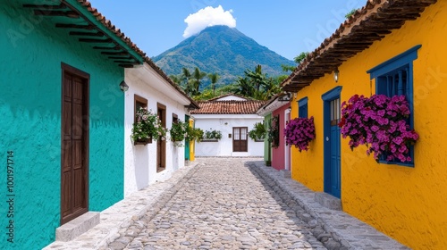 Colorful Colonial Street with Volcano View in Guatemala