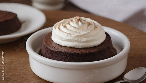 chocolate with whipped cream soufflé dessert on a plate photo