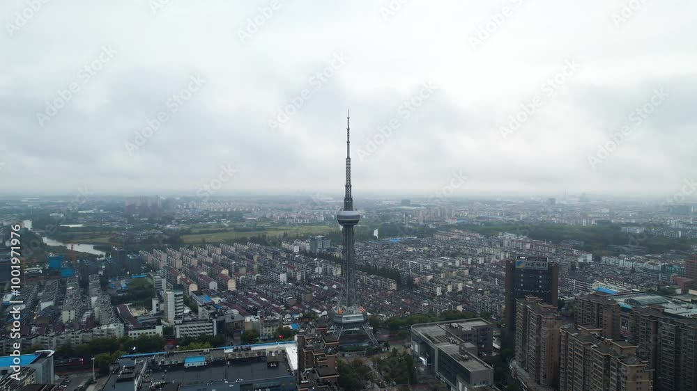 City Landmark Taizhou TV Tower 4K Aerial Photography