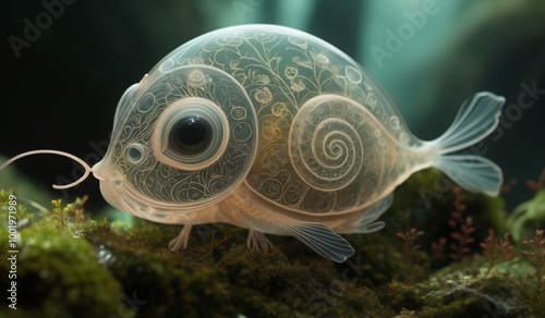 Surreal Snail in a Glass Bubble: Nature Reflection Art with Dreamlike Underwater Vibe