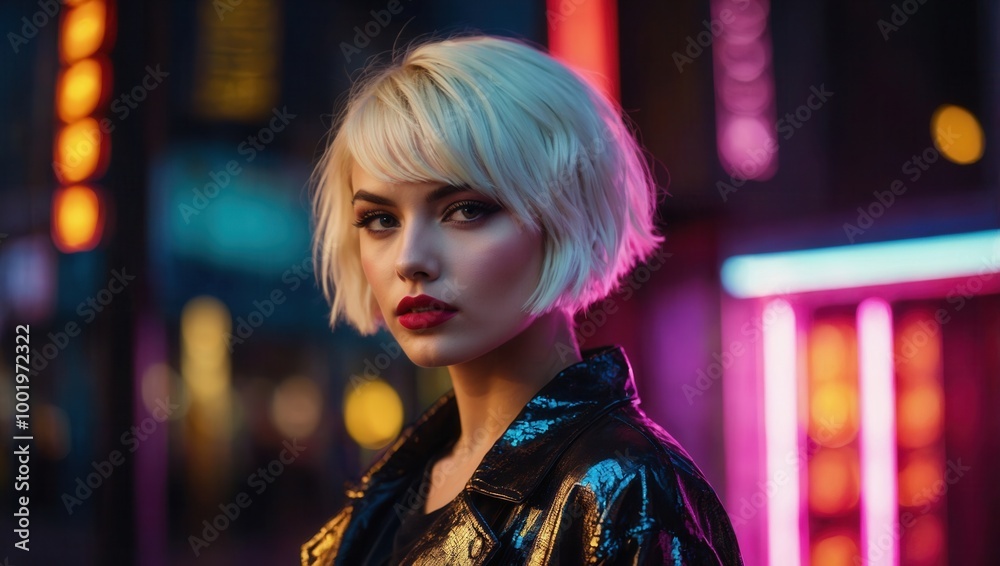 Woman with blonde hair and red lipstick stands in front of a neon sign Woman with blonde hair and red lipstick stands in front of a neon sign